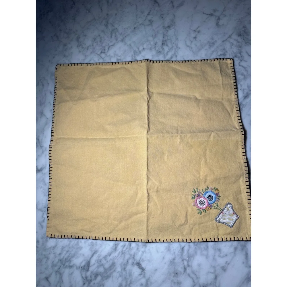 Vintage Hand Embroidered Floral Linen Napkin Mustard Yellow Whipstitch Edge